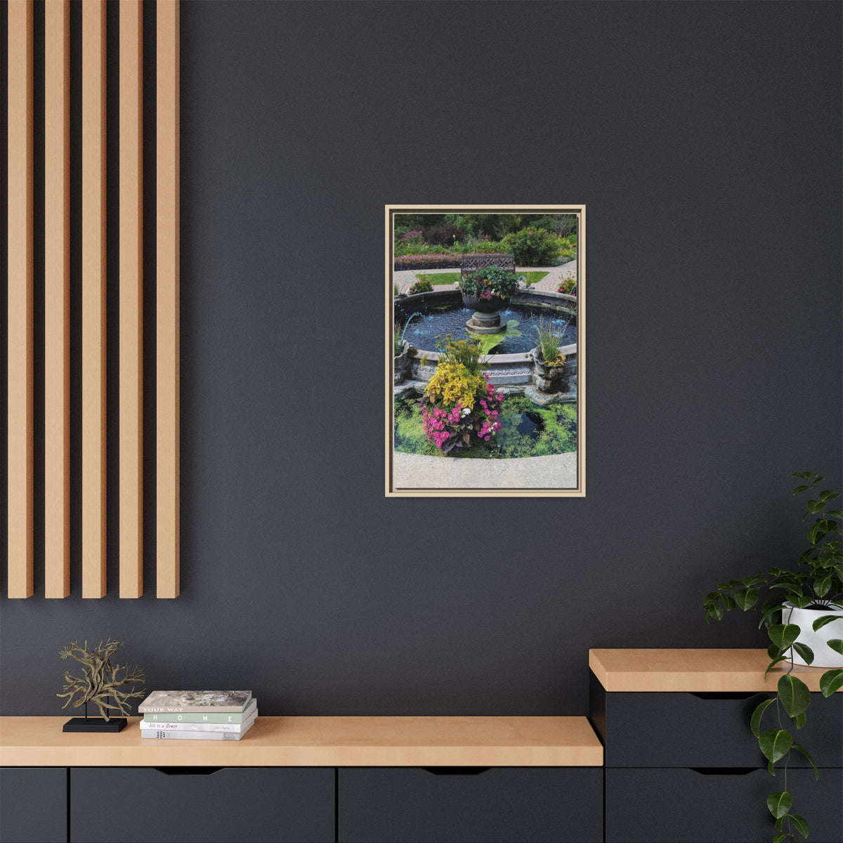 Framed Matte Canvas Fountain Garden Print