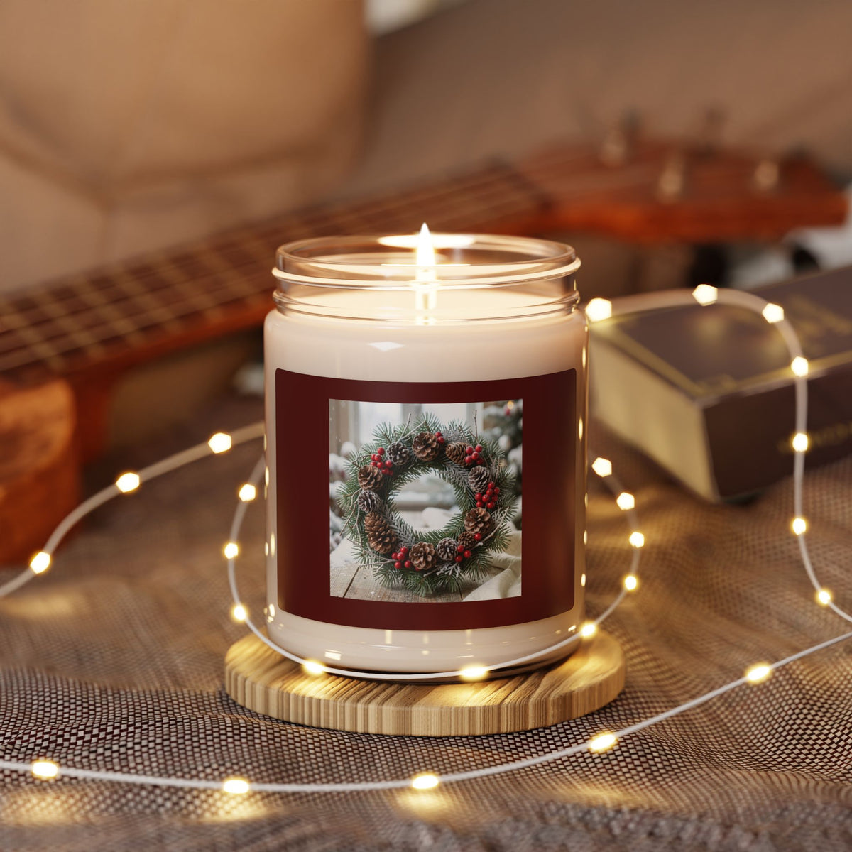 Christmas Wreath Scented Soy Candle — 9oz Holiday Pine & Berries Jar
