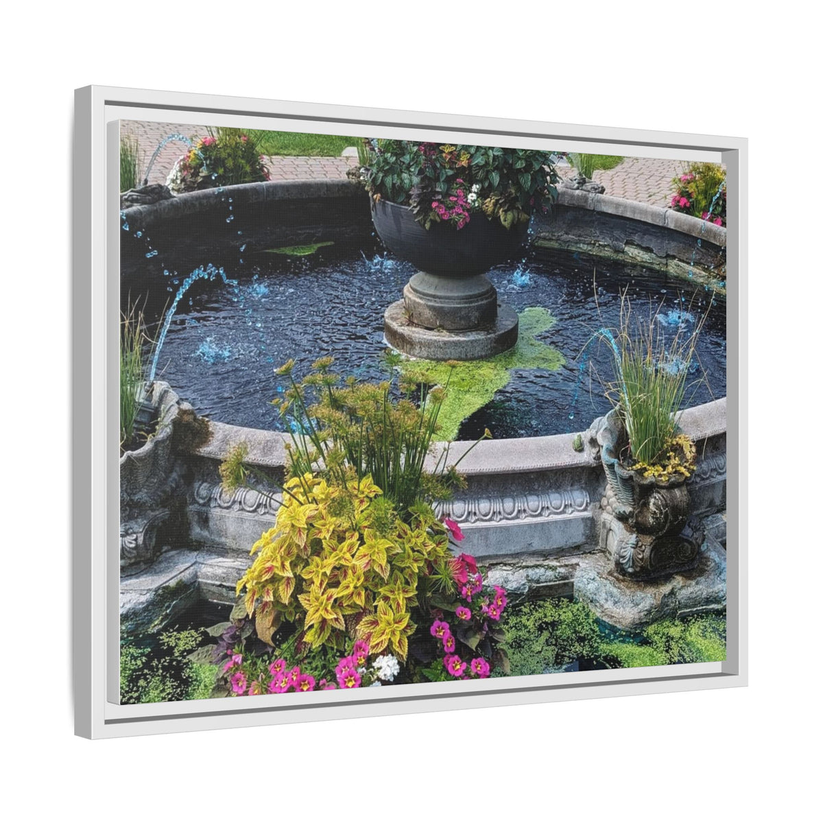 Framed Matte Canvas Fountain Garden Print