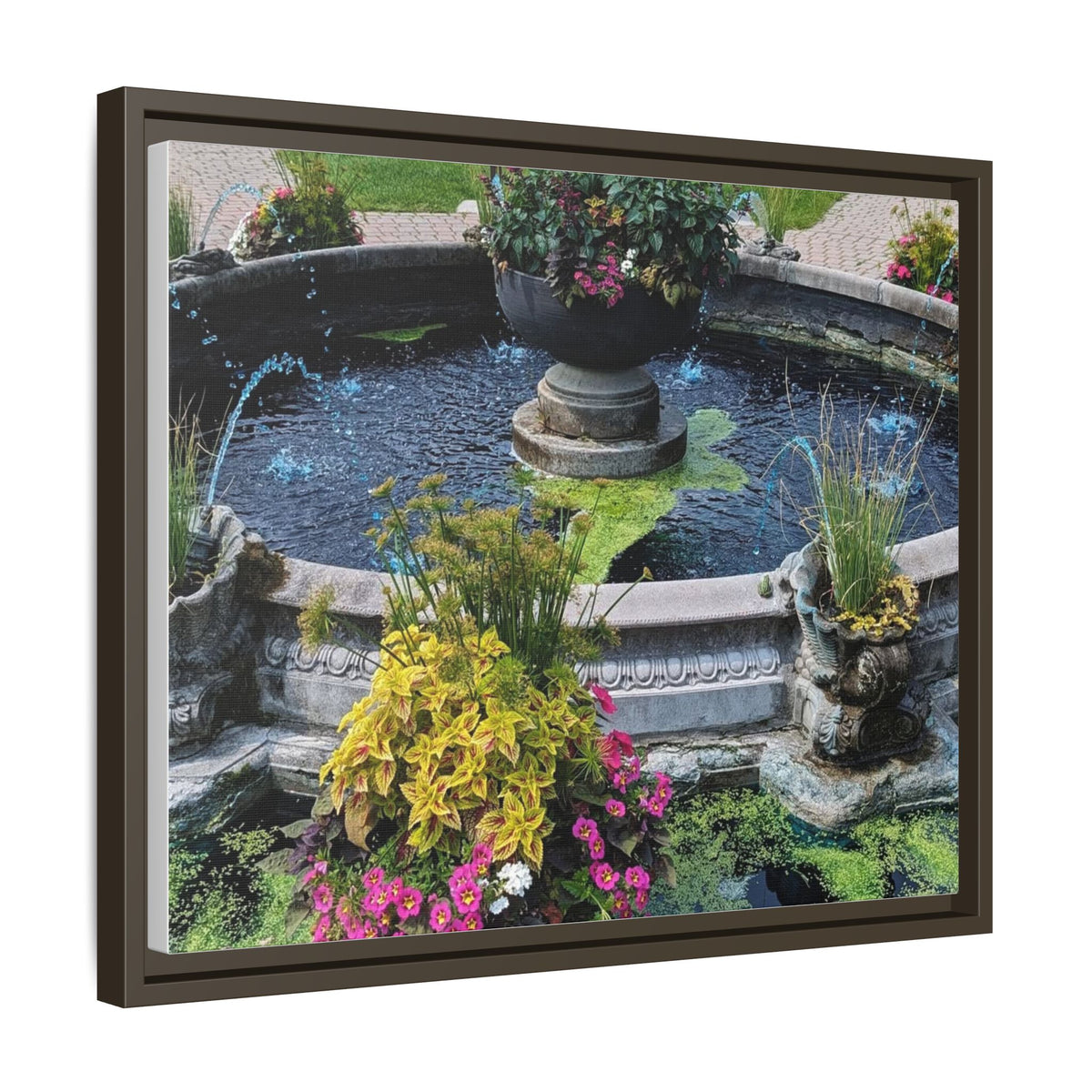 Framed Matte Canvas Fountain Garden Print
