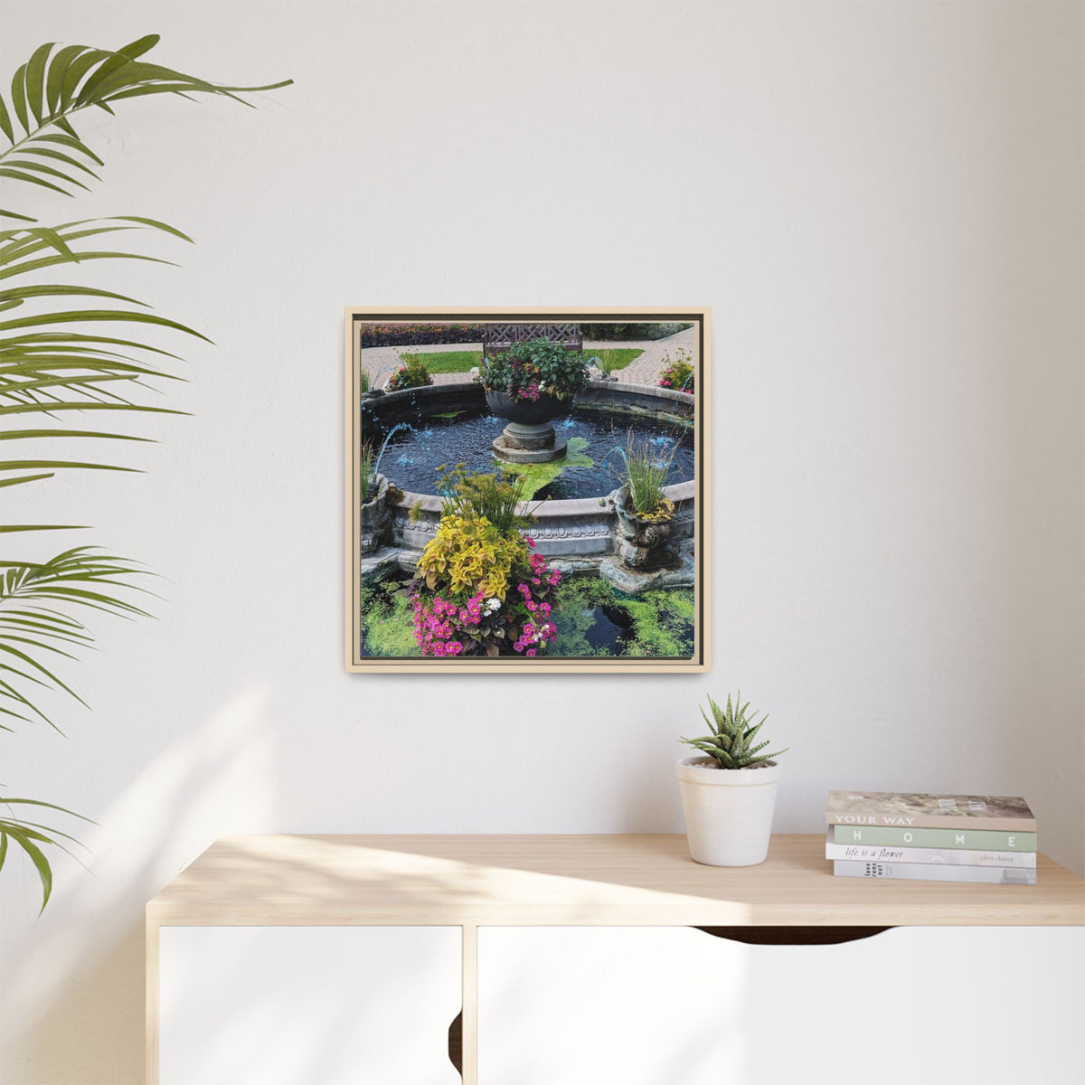 Framed Matte Canvas Fountain Garden Print