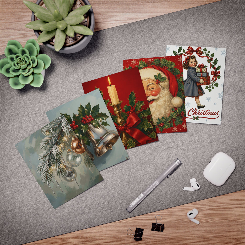 Vintage Holiday Greeting Cards — 5-Pack Christmas Card Set with Bells & Ornaments