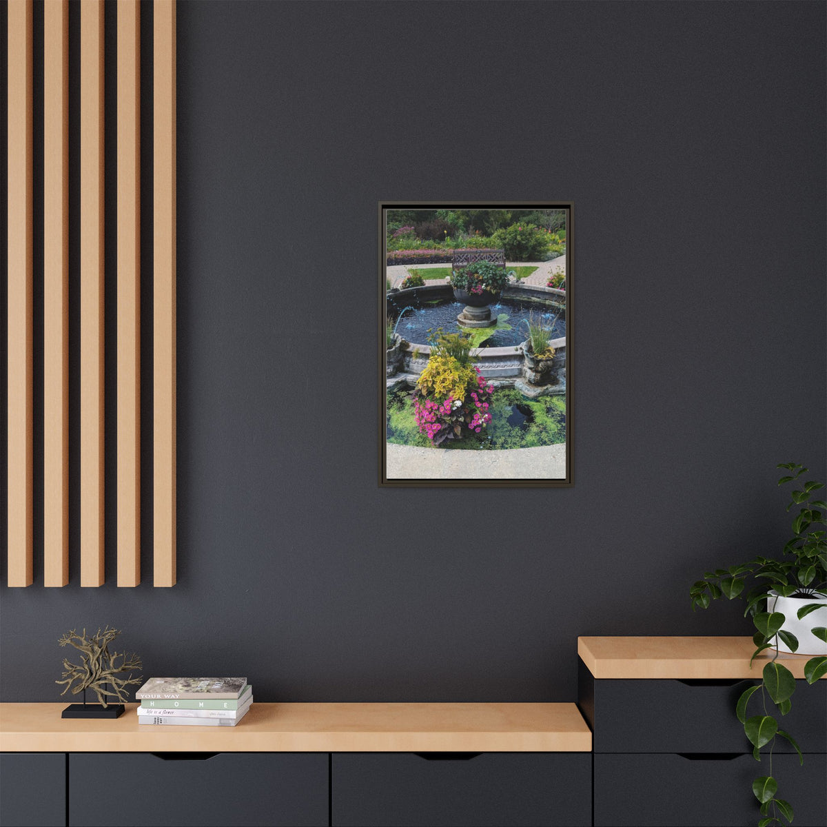 Framed Matte Canvas Fountain Garden Print