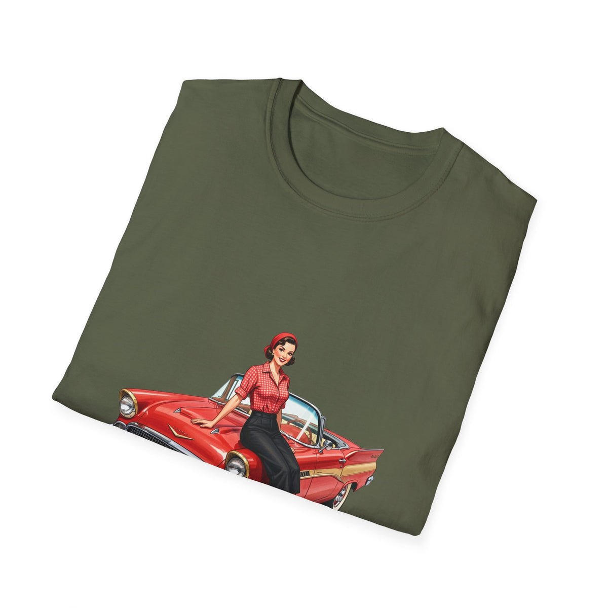 Vintage Pin-Up Girl on Red Classic Car T-Shirt