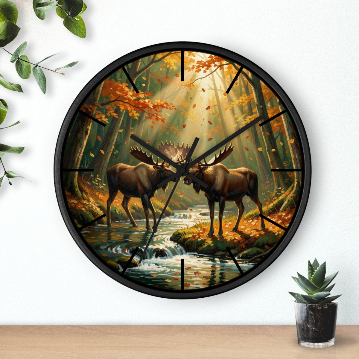 Moose in Autumn Wall Clock — Rustic Woodland Nature Clock