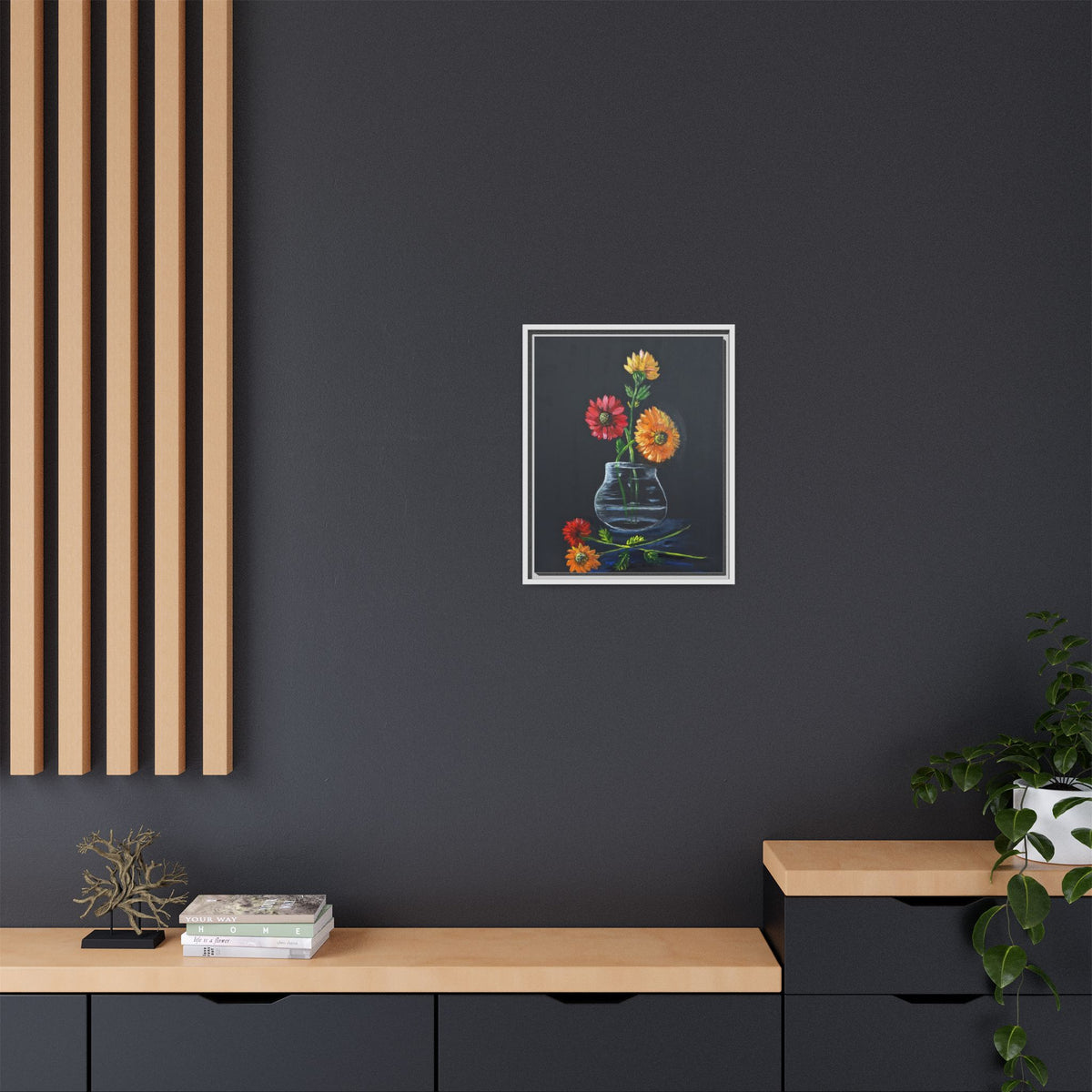 Framed Matte Canvas Wall Art — Colorful Gerbera Vase Painting