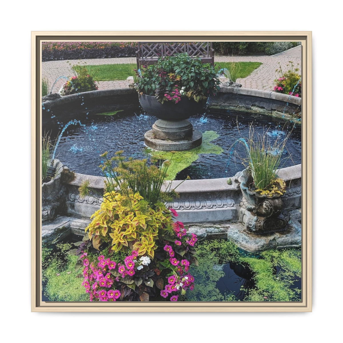 Framed Matte Canvas Fountain Garden Print