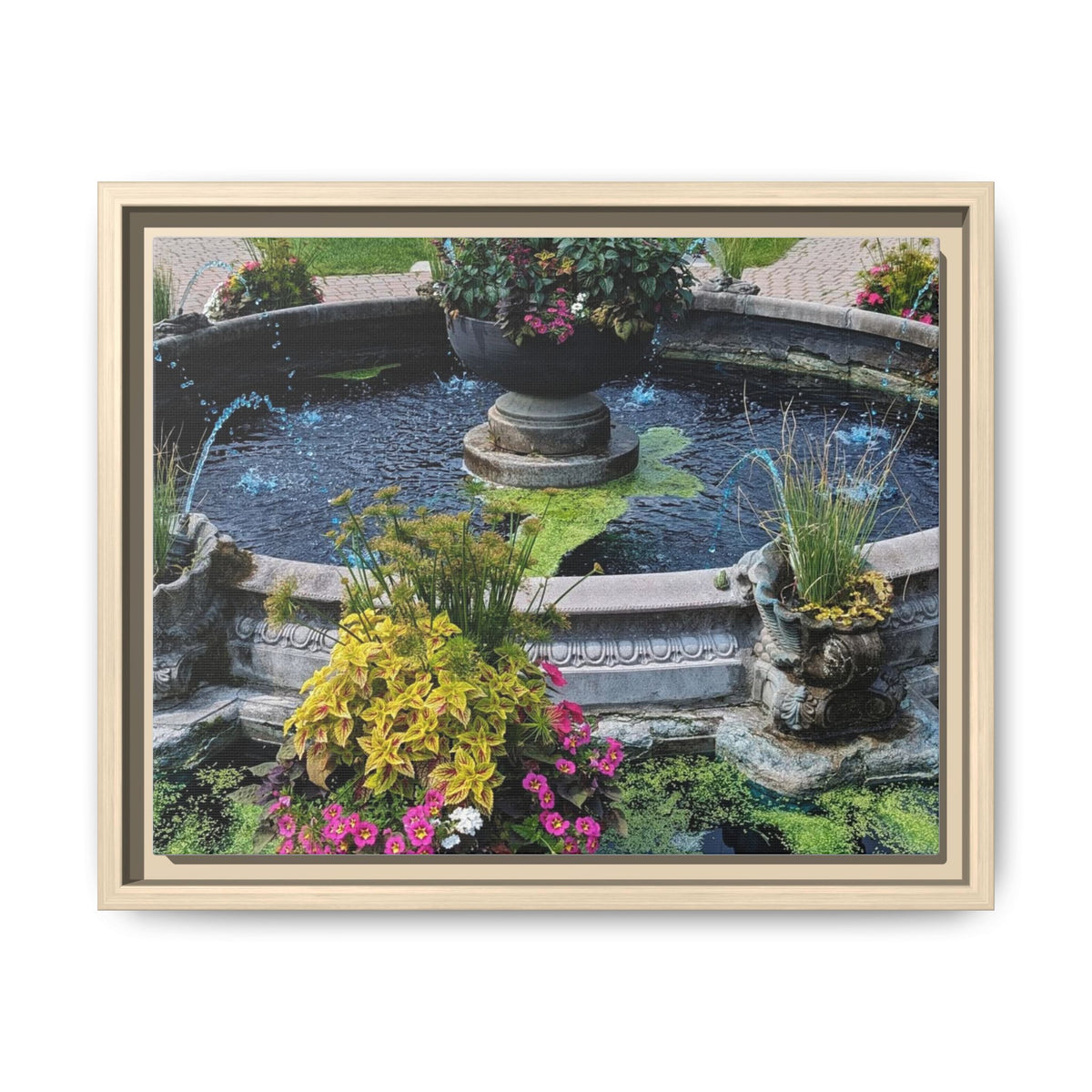 Framed Matte Canvas Fountain Garden Print