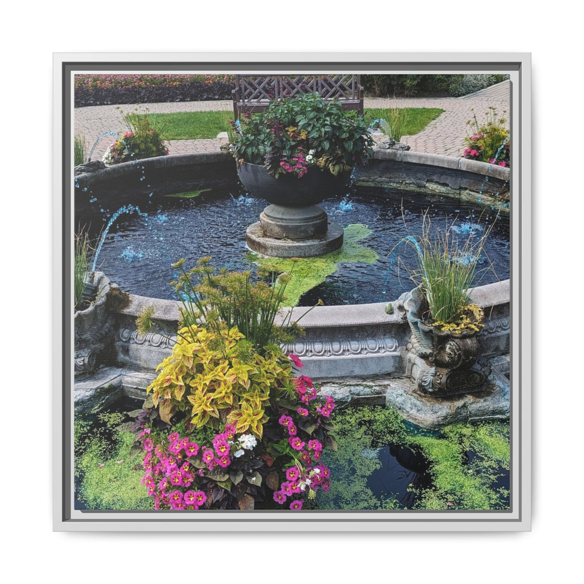 Framed Matte Canvas Fountain Garden Print