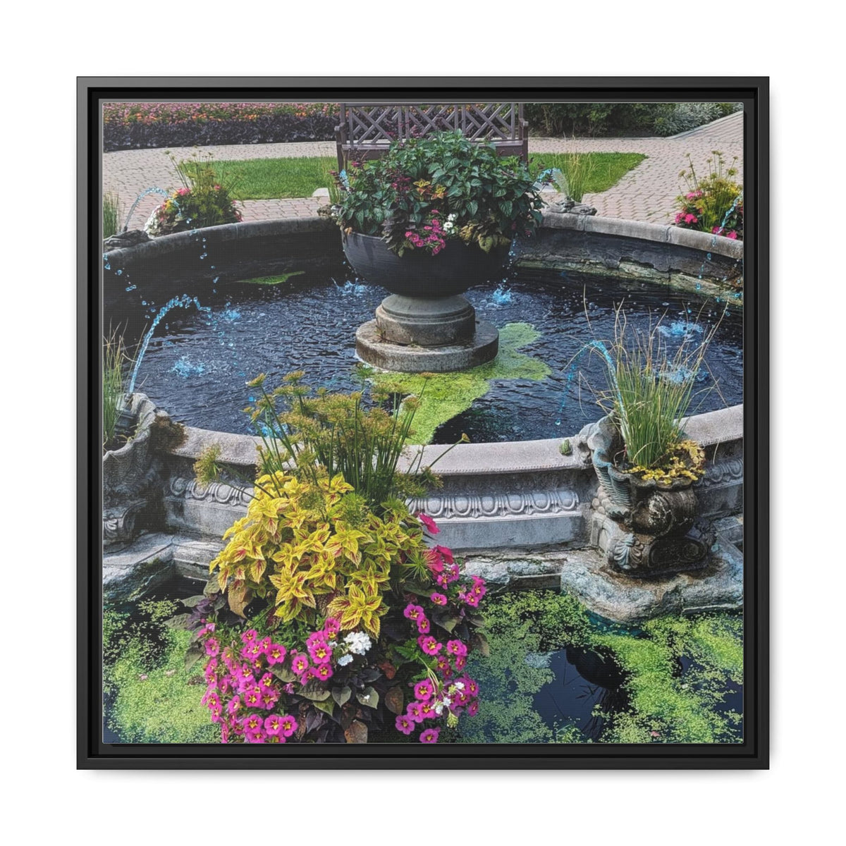 Framed Matte Canvas Fountain Garden Print