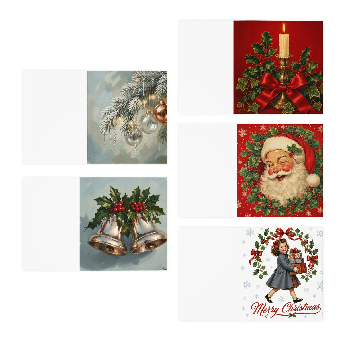Vintage Holiday Greeting Cards — 5-Pack Christmas Card Set with Bells & Ornaments