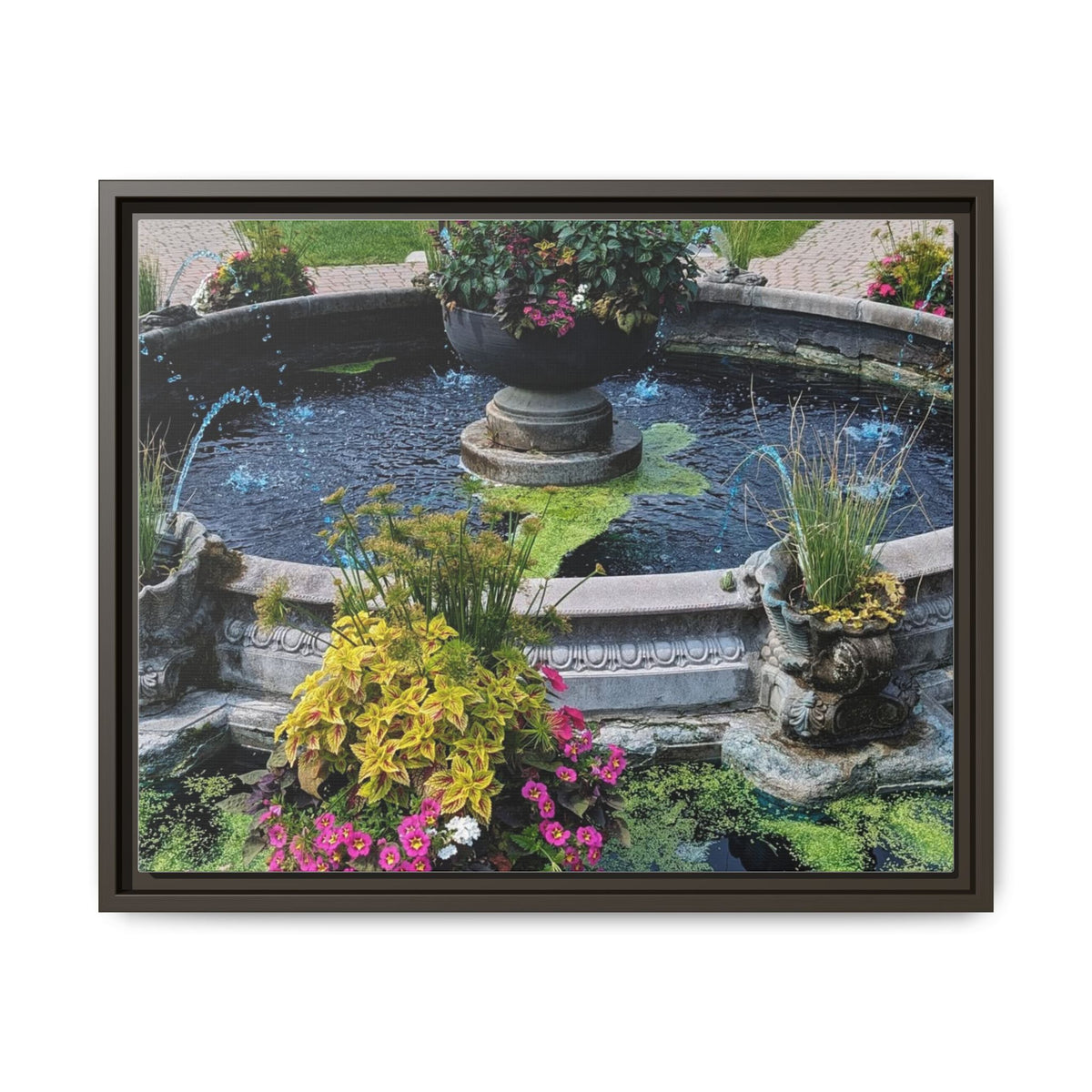 Framed Matte Canvas Fountain Garden Print