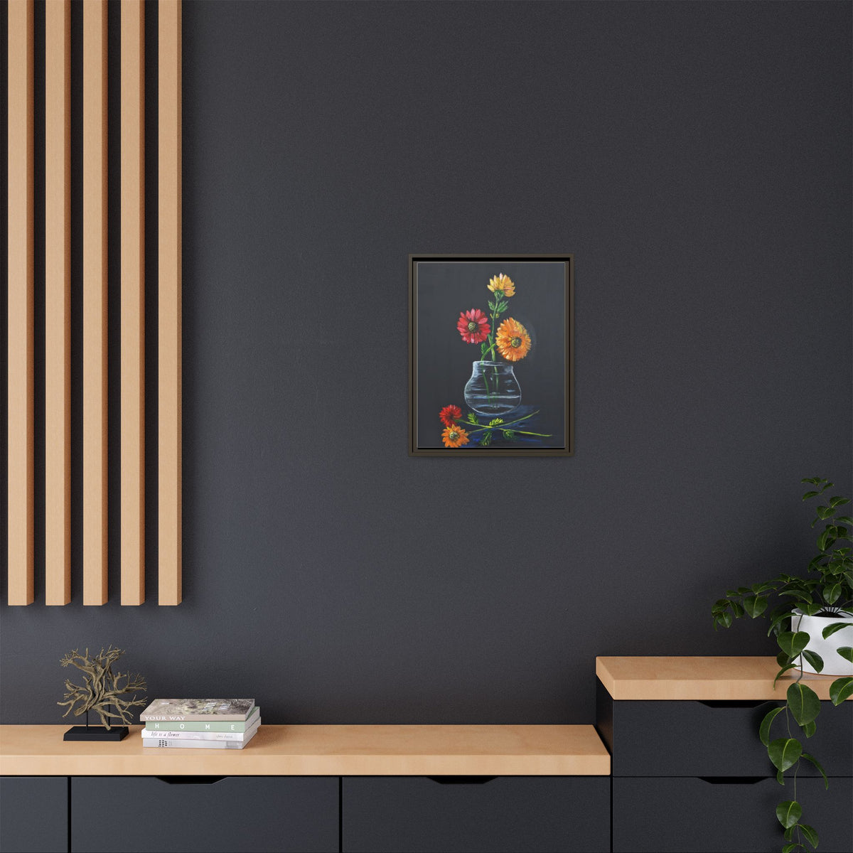 Framed Matte Canvas Wall Art — Colorful Gerbera Vase Painting