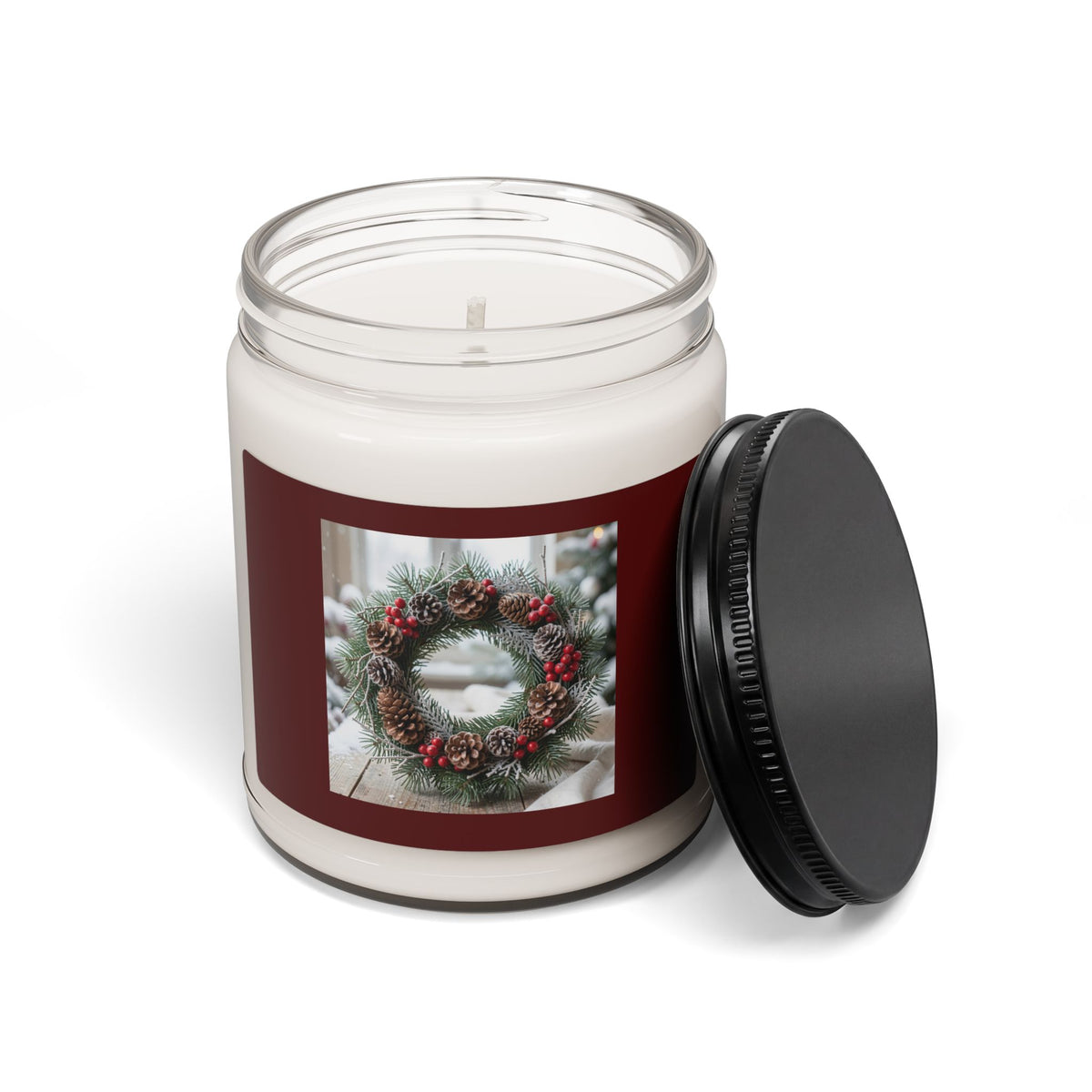 Christmas Wreath Scented Soy Candle — 9oz Holiday Pine & Berries Jar