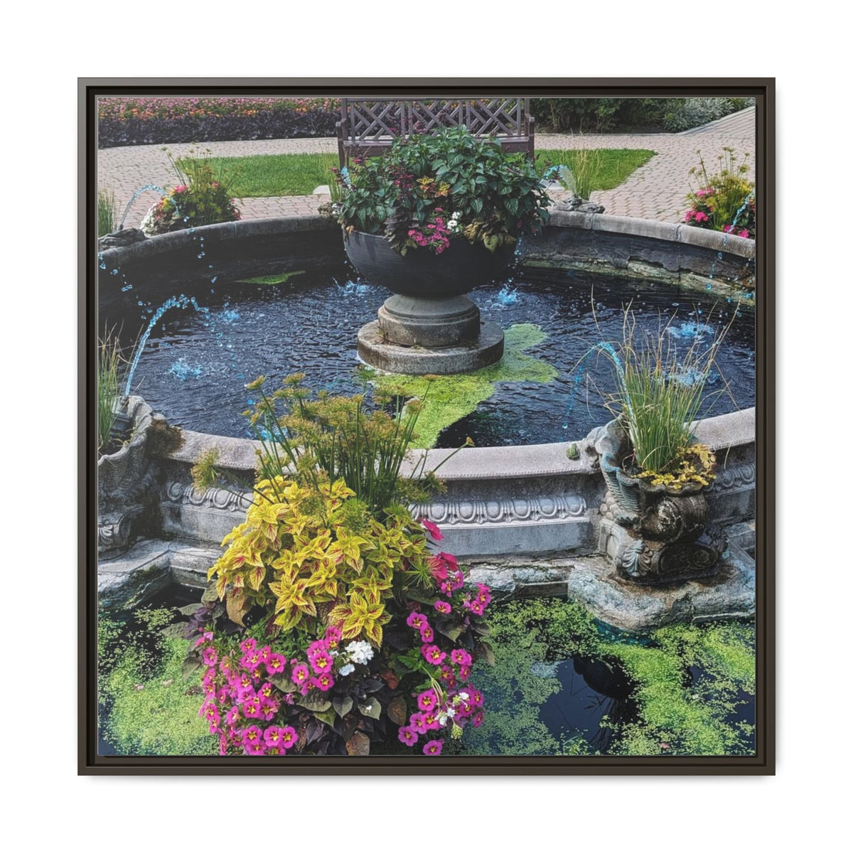 Framed Matte Canvas Fountain Garden Print