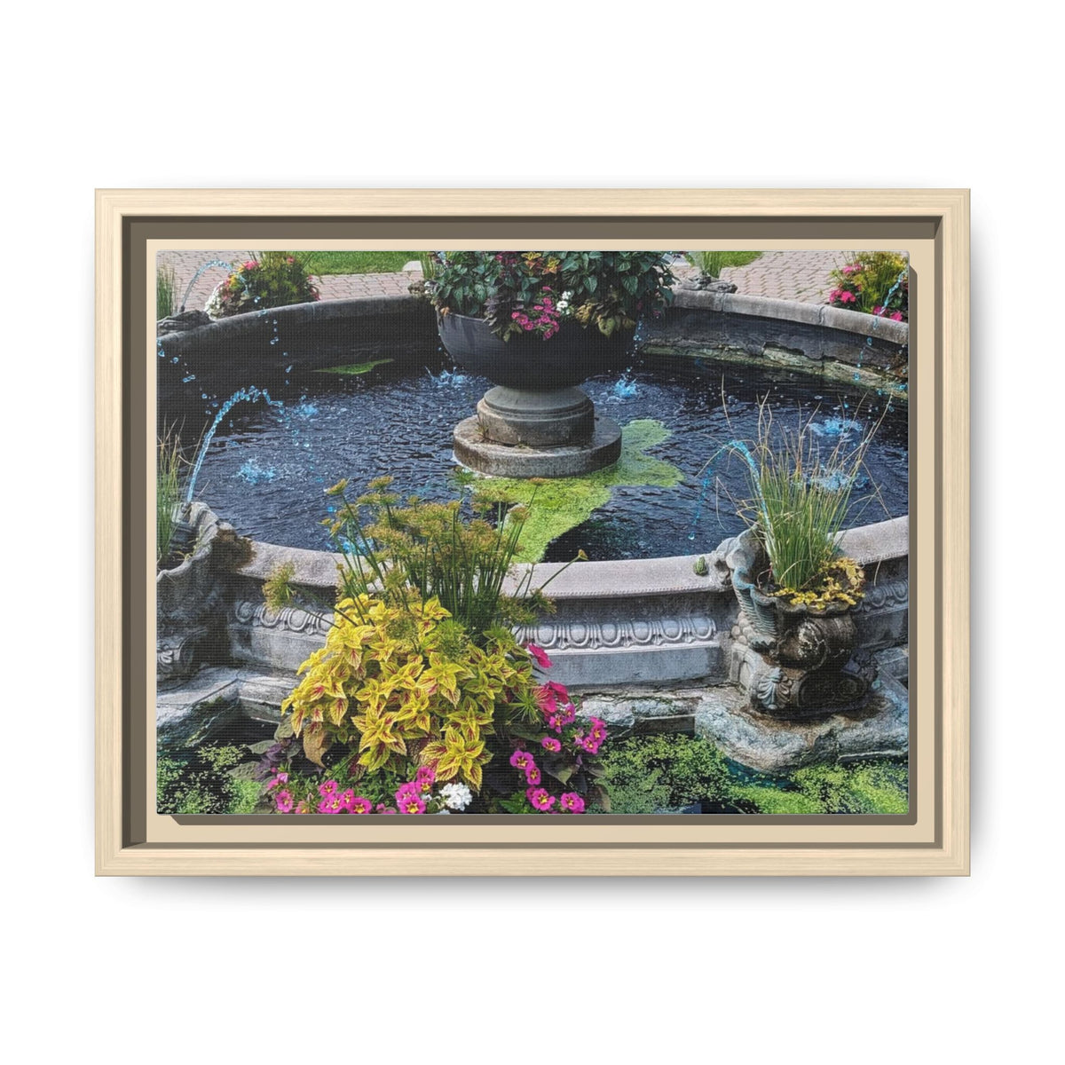 Framed Matte Canvas Fountain Garden Print