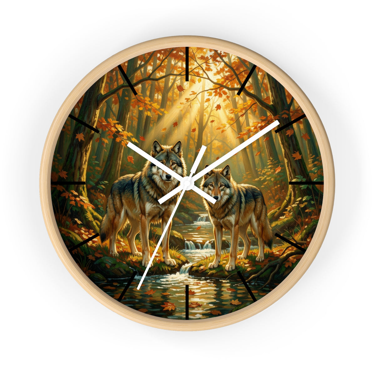 Wolf Forest Wall Clock — Autumn Woodland Wildlife Decor