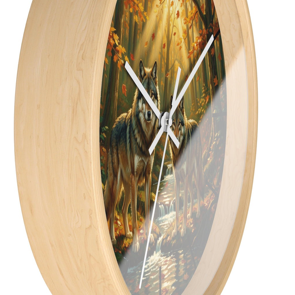 Wolf Forest Wall Clock — Autumn Woodland Wildlife Decor