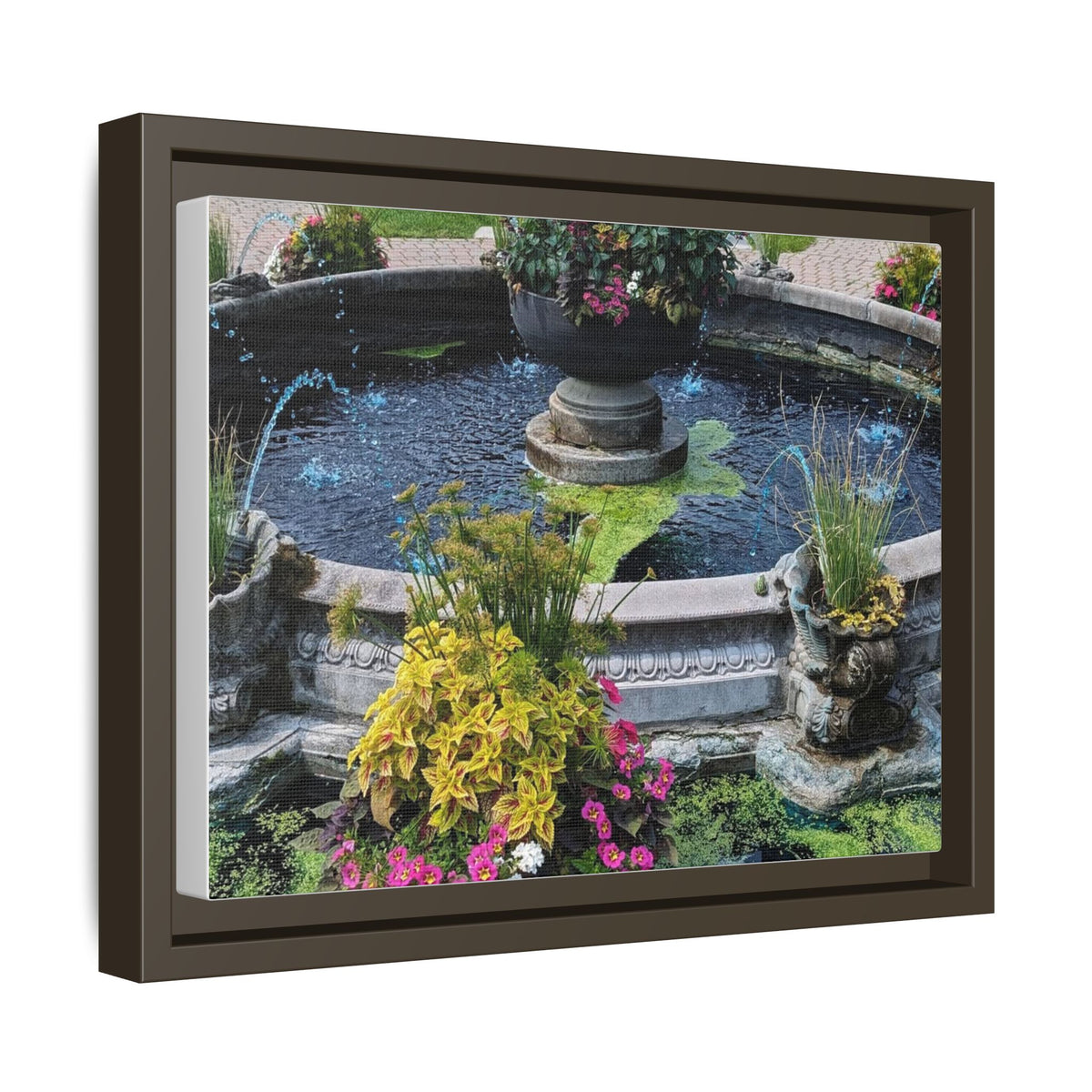 Framed Matte Canvas Fountain Garden Print