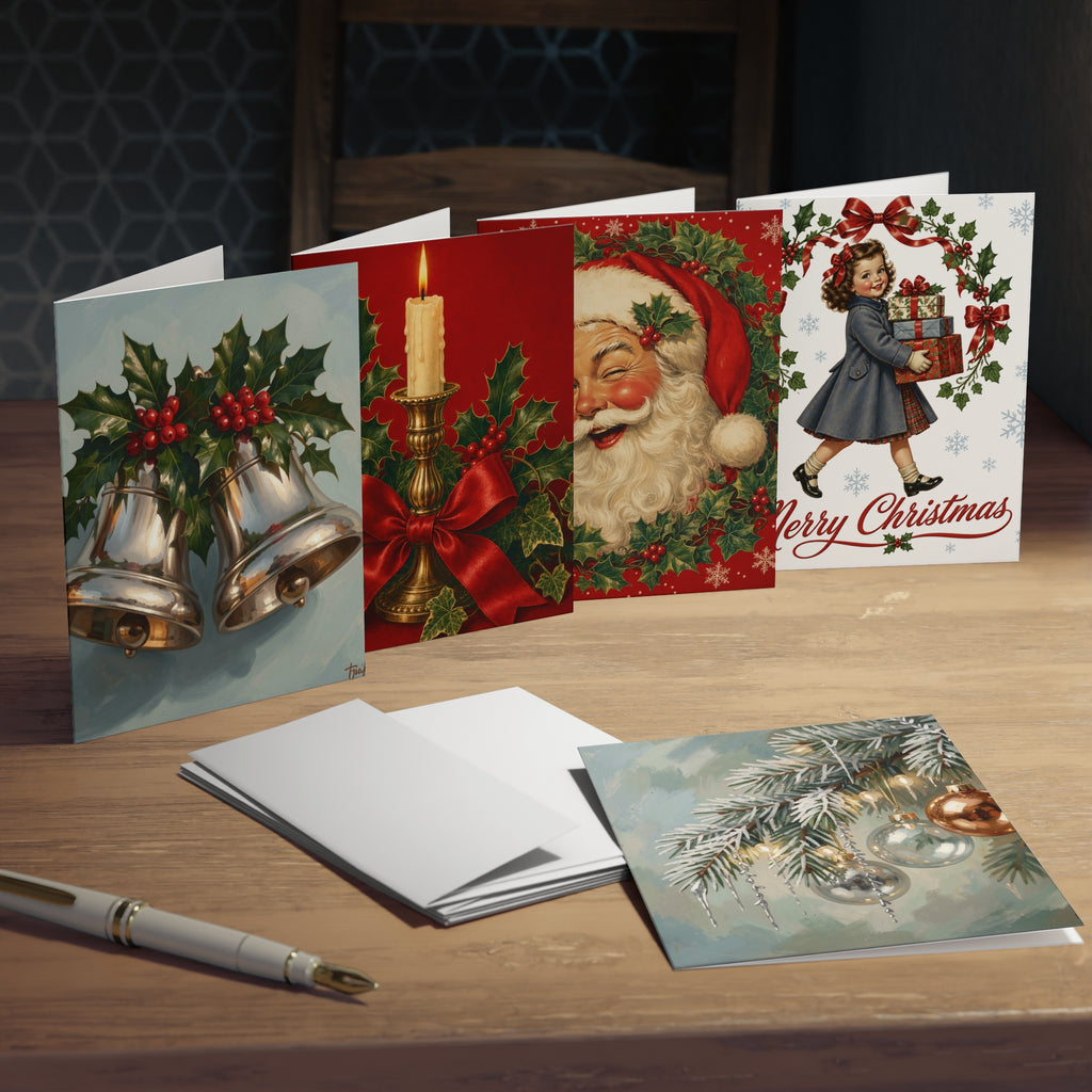 Vintage Holiday Greeting Cards — 5-Pack Christmas Card Set with Bells & Ornaments