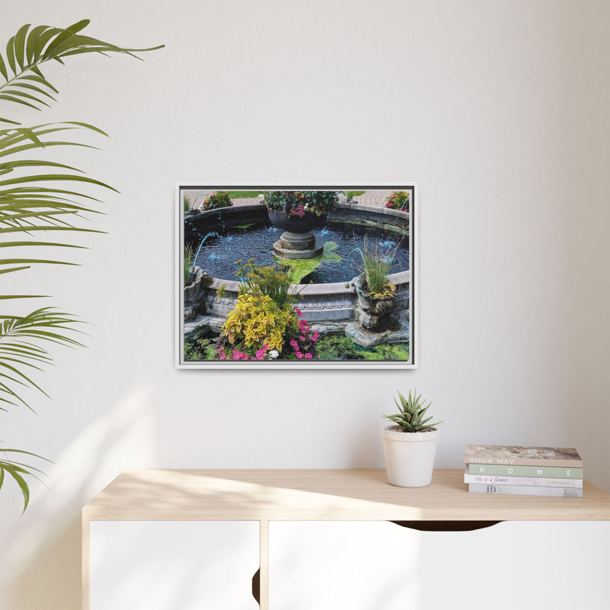 Framed Matte Canvas Fountain Garden Print