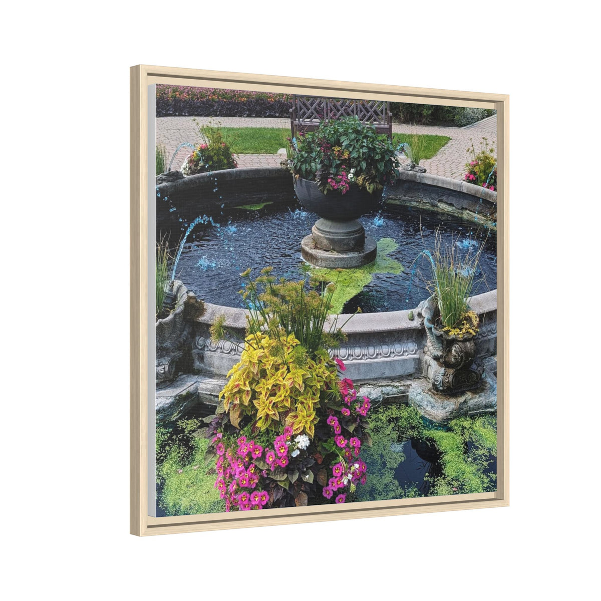 Framed Matte Canvas Fountain Garden Print