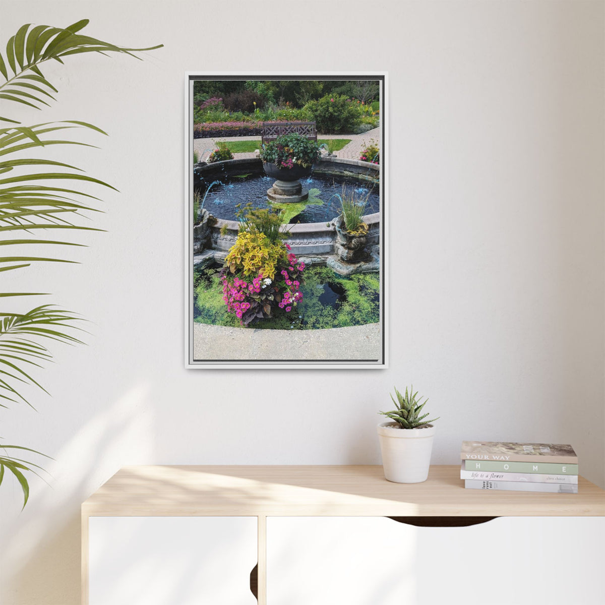Framed Matte Canvas Fountain Garden Print