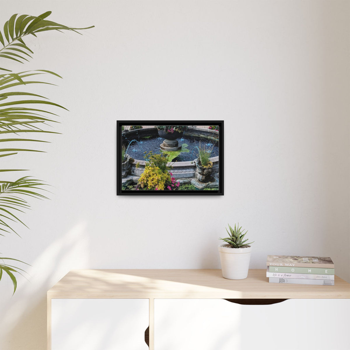 Framed Matte Canvas Fountain Garden Print