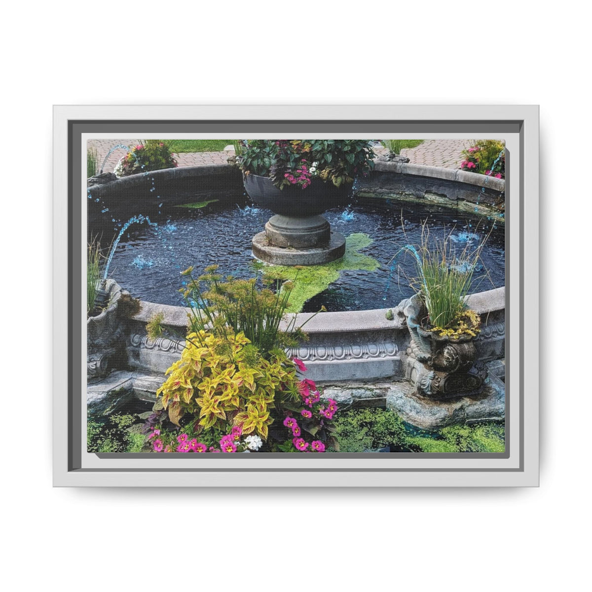 Framed Matte Canvas Fountain Garden Print