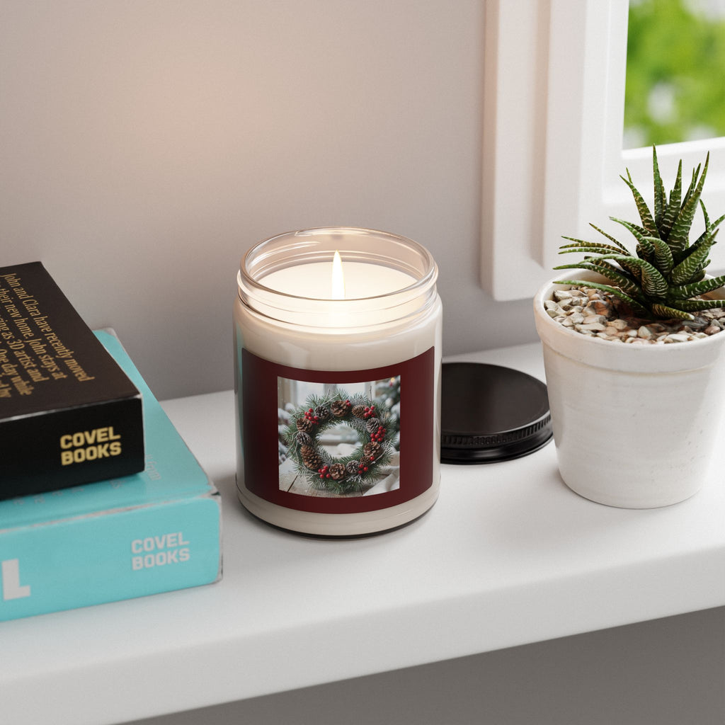 Christmas Wreath Scented Soy Candle — 9oz Holiday Pine & Berries Jar