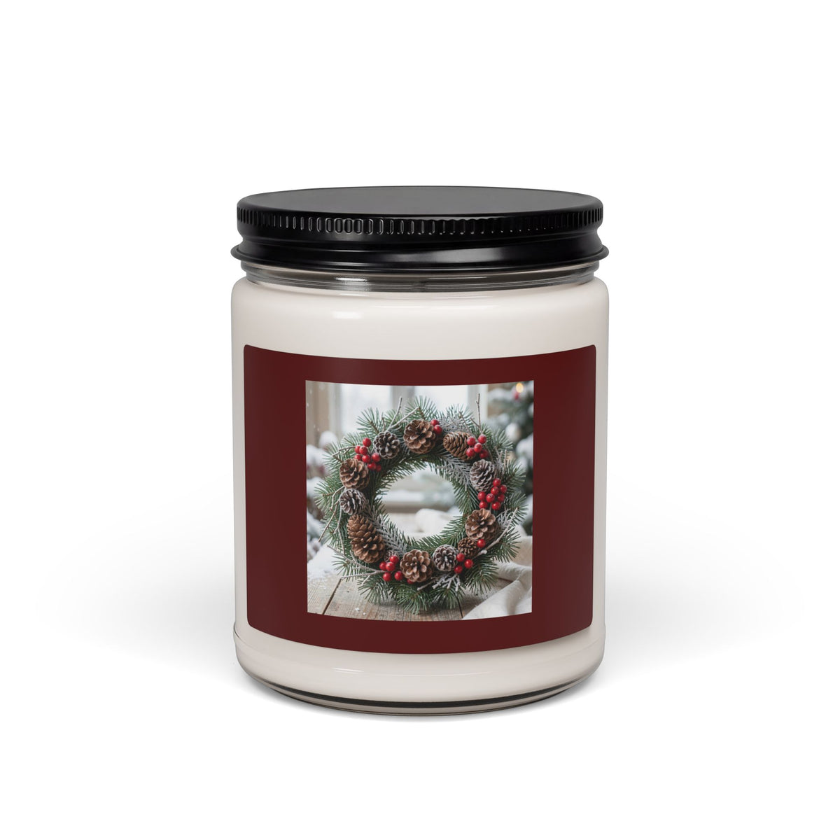 Christmas Wreath Scented Soy Candle — 9oz Holiday Pine & Berries Jar