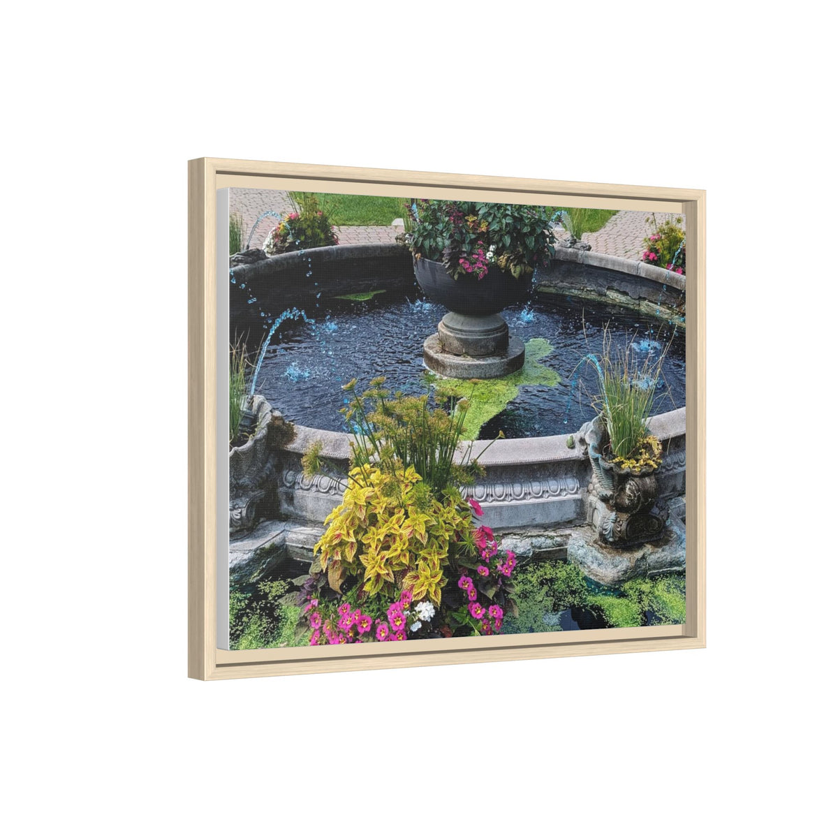 Framed Matte Canvas Fountain Garden Print