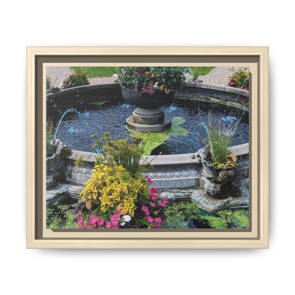 Framed Matte Canvas Fountain Garden Print