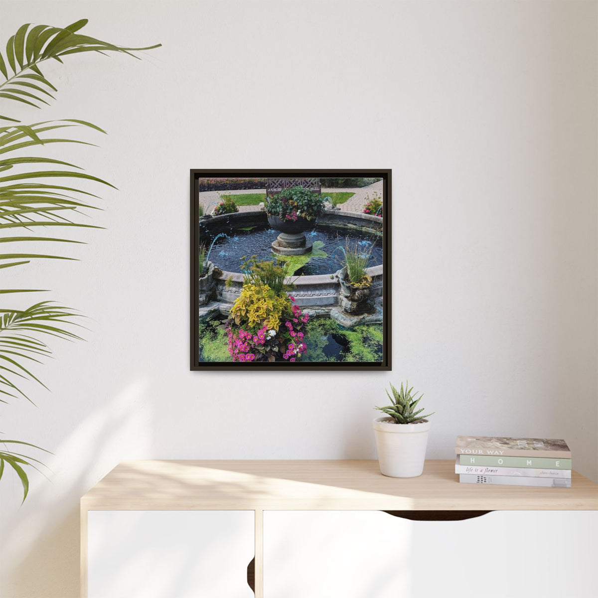 Framed Matte Canvas Fountain Garden Print