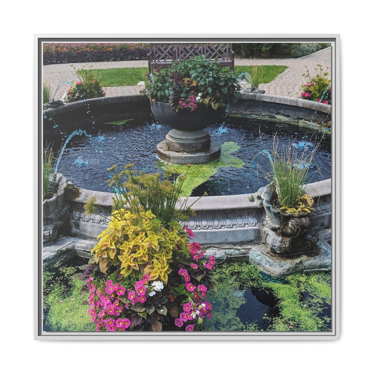 Framed Matte Canvas Fountain Garden Print