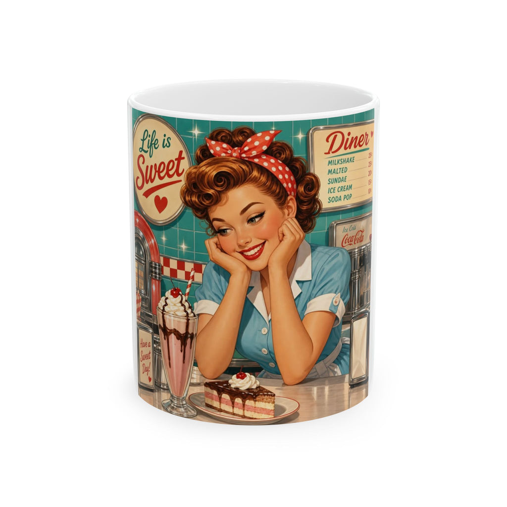 Retro Diner Ceramic Mug - "Life Is Sweet" 1950s Pin-Up Coffee Cup (11oz & 15oz)