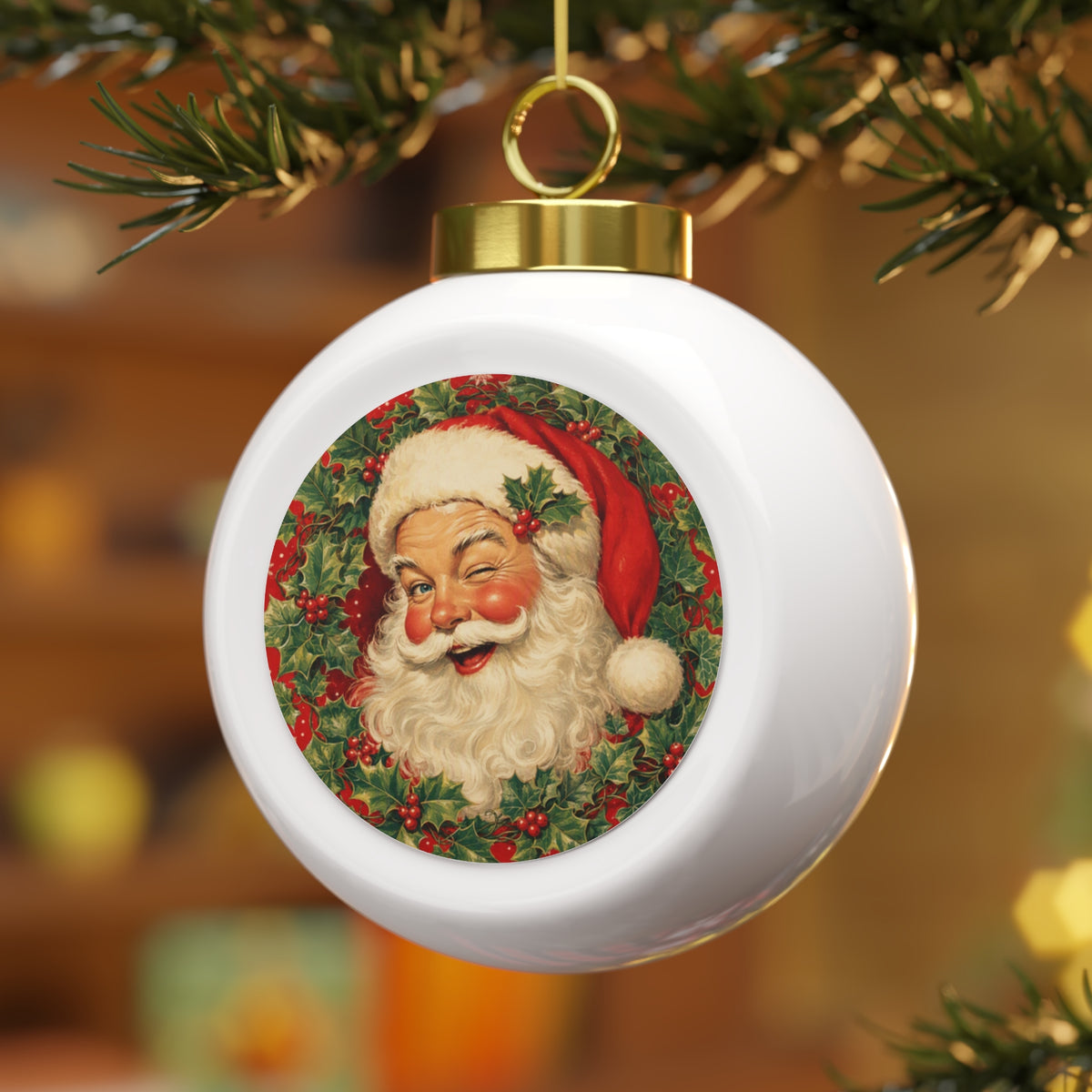 Vintage Santa Christmas Ball Ornament – Retro Holiday Glass Ornament with Poinsettia & Candles