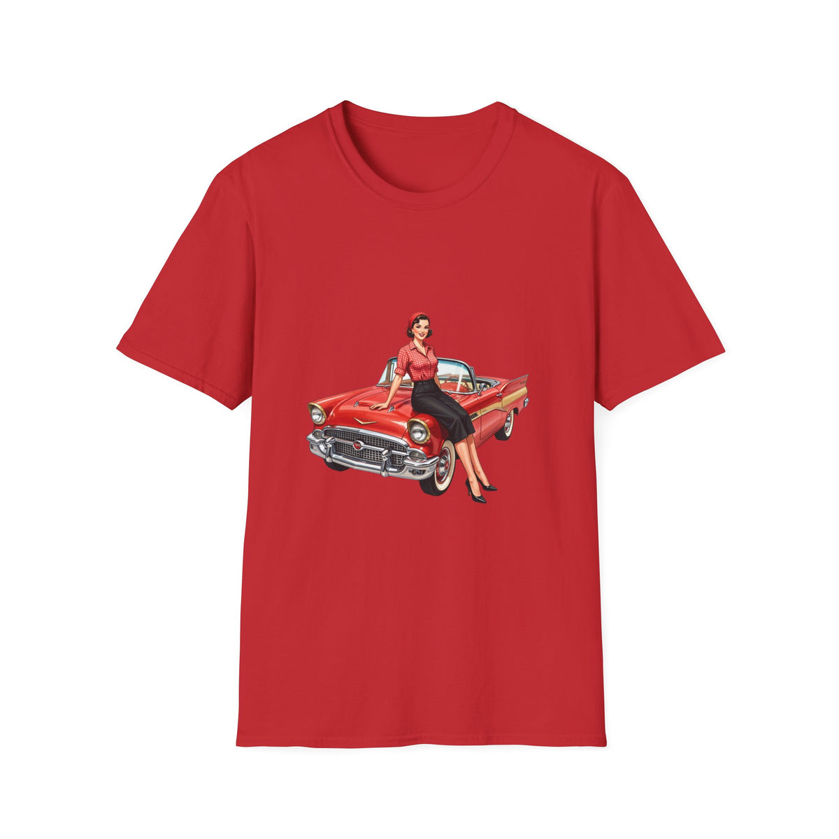 Vintage Pin-Up Girl on Red Classic Car T-Shirt