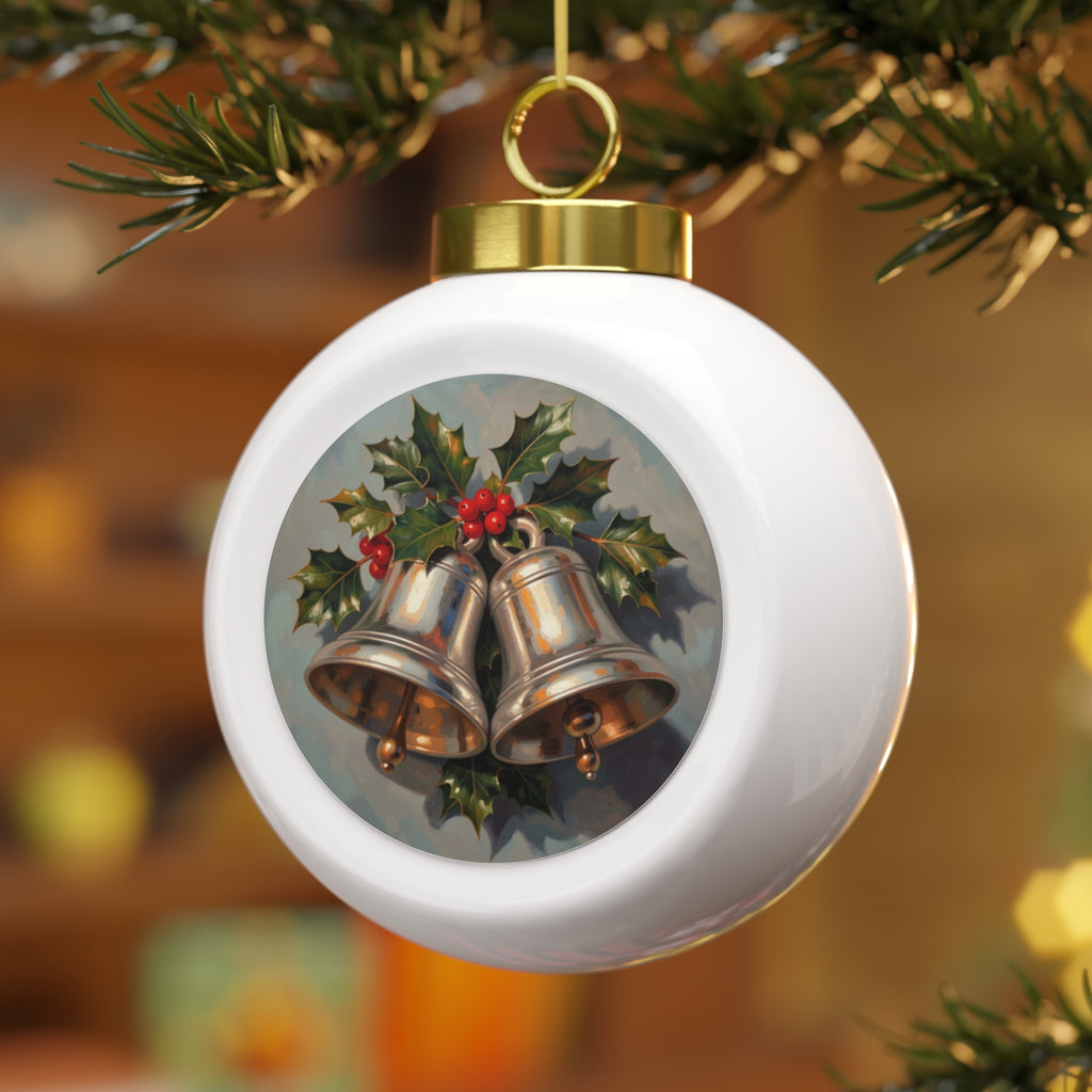 Christmas Bell & Poinsettia Ornament — Vintage Holiday Ball Ornament
