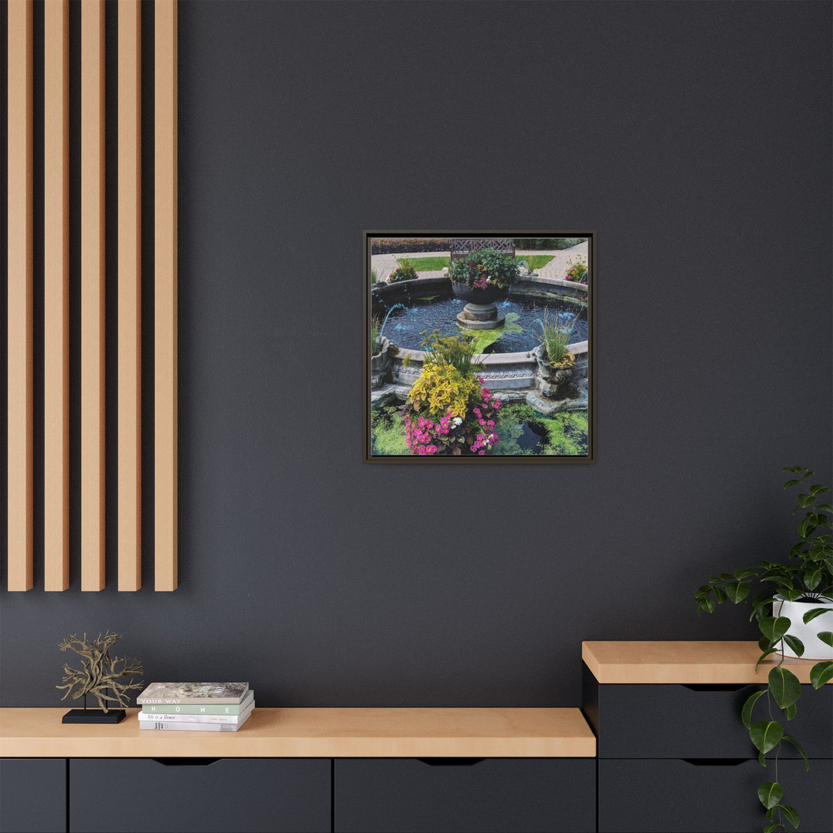 Framed Matte Canvas Fountain Garden Print