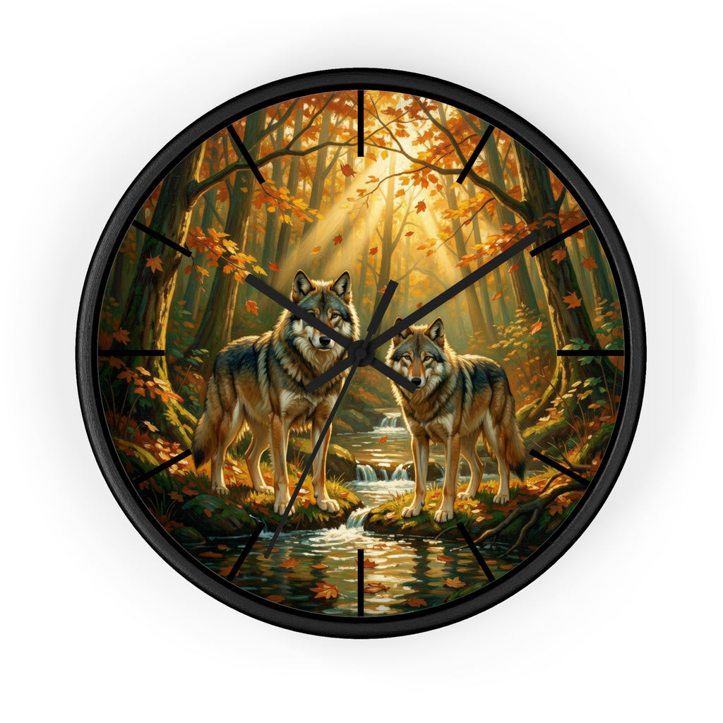 Wolf Forest Wall Clock — Autumn Woodland Wildlife Decor