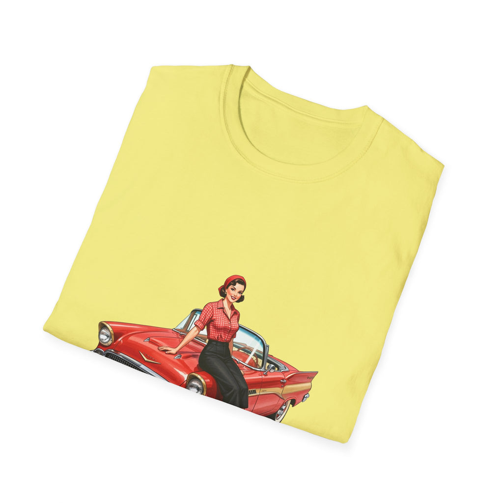 Vintage Pin-Up Girl on Red Classic Car T-Shirt