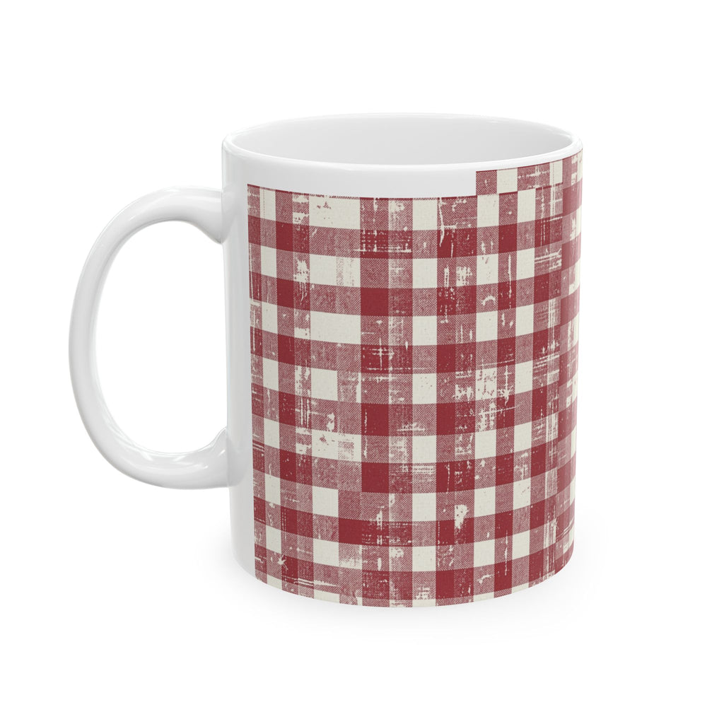 Red Buffalo Plaid Ceramic Mug — Rustic Farmhouse Coffee Cup (11oz & 15oz)