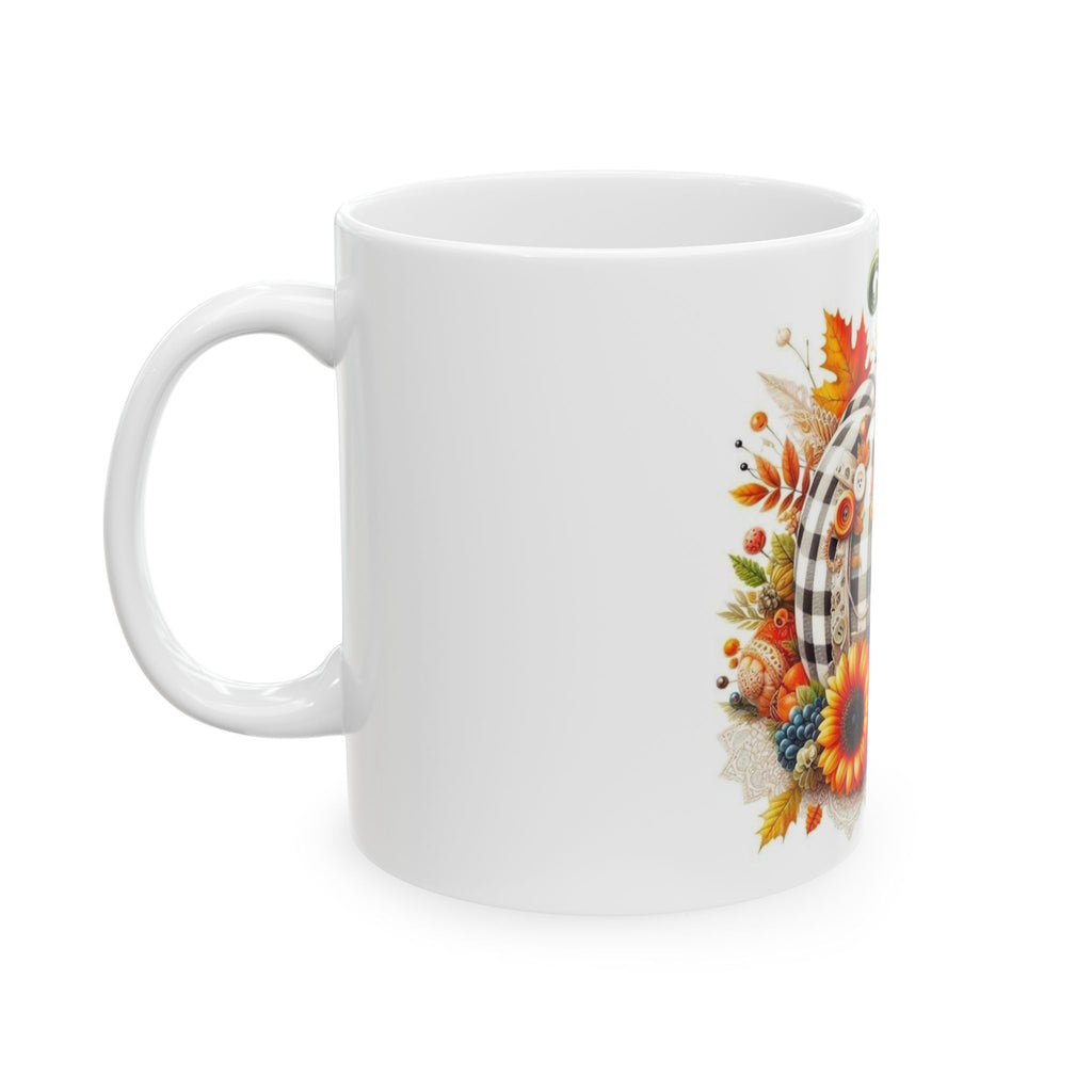 Fall Buffalo Check Pumpkin Mug — Autumn Sunflower & Button Decor (11oz, 15oz)
