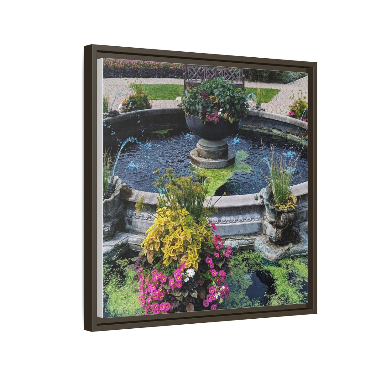 Framed Matte Canvas Fountain Garden Print