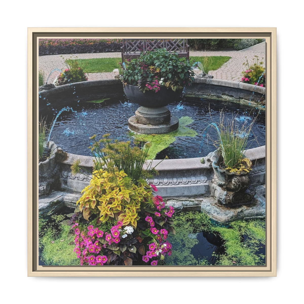 Framed Matte Canvas Fountain Garden Print