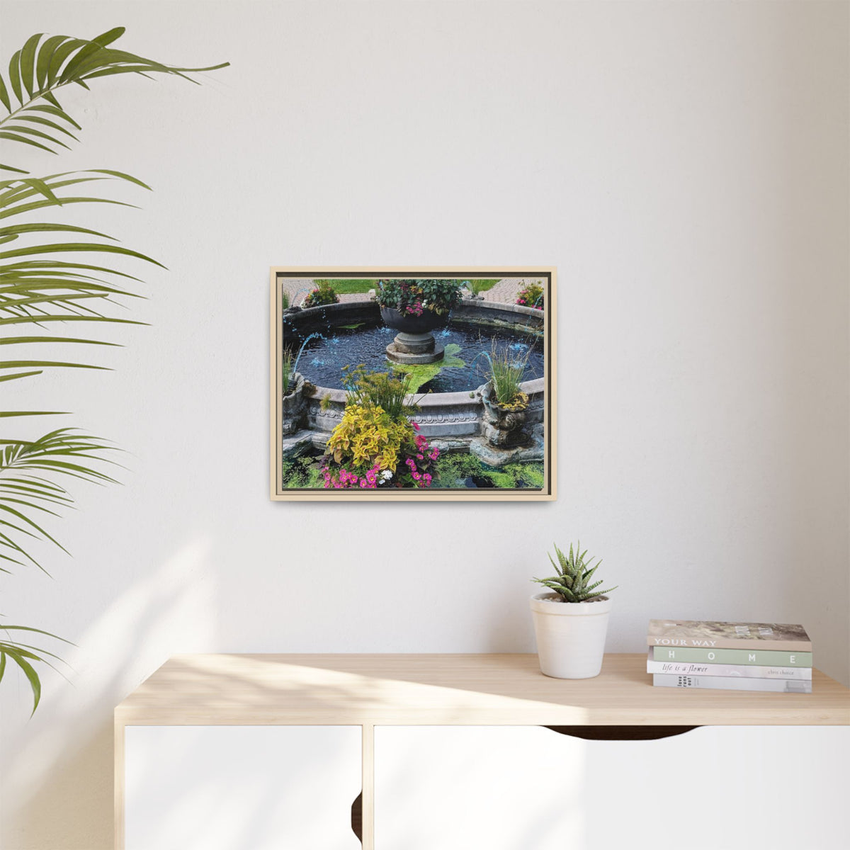 Framed Matte Canvas Fountain Garden Print