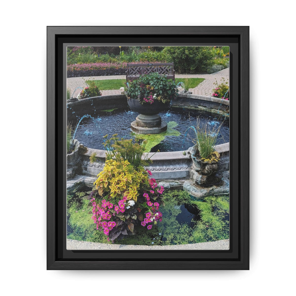 Framed Matte Canvas Fountain Garden Print