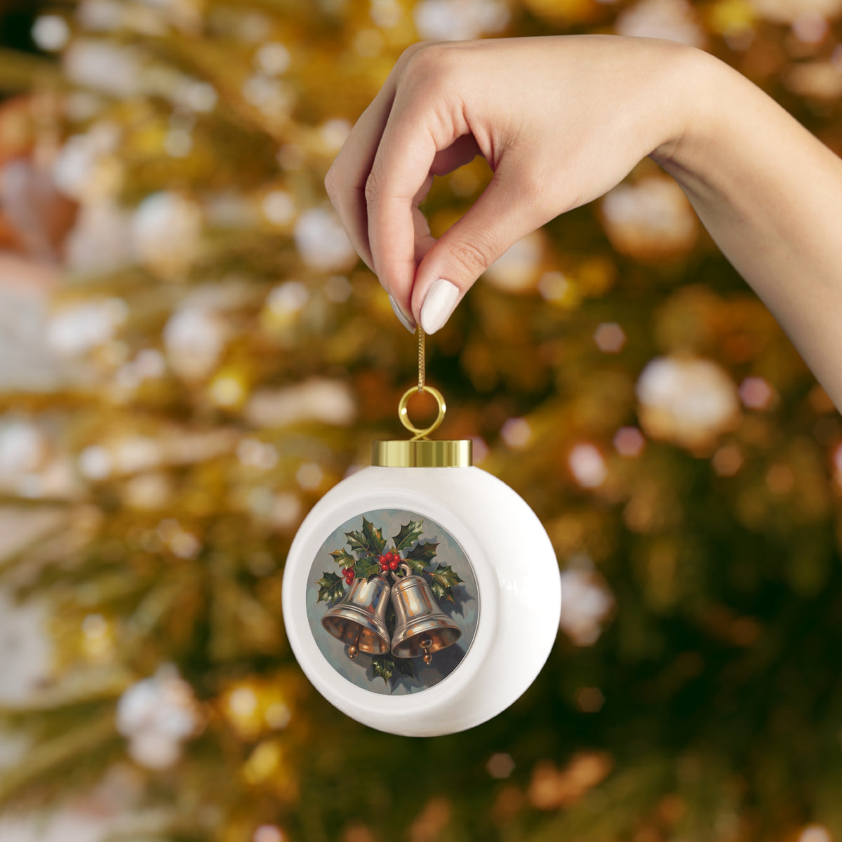 Christmas Bell & Poinsettia Ornament — Vintage Holiday Ball Ornament