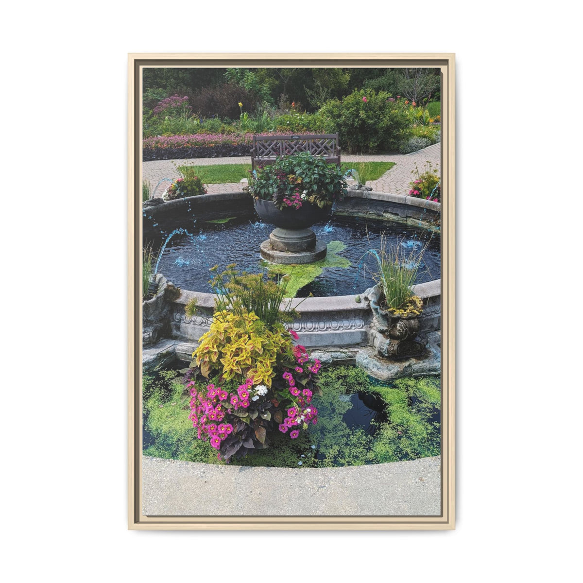 Framed Matte Canvas Fountain Garden Print